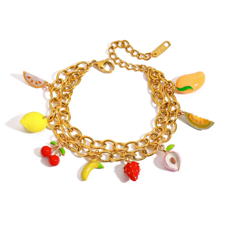 Fruit Charm Bracelet – Cherry & Strawberry Pendant, Waterproof 18K Gold Plated Stainless Steel