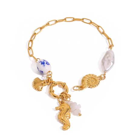 Ocean Shells & Pearl Charm Bracelet – 18K Gold Plated Stainless Steel Summer Jewelry