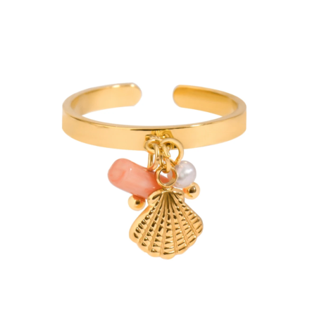 Gold Plated Crystal Shell Pink Coral Ring – Stainless Steel Unisex Waterproof Jewelry