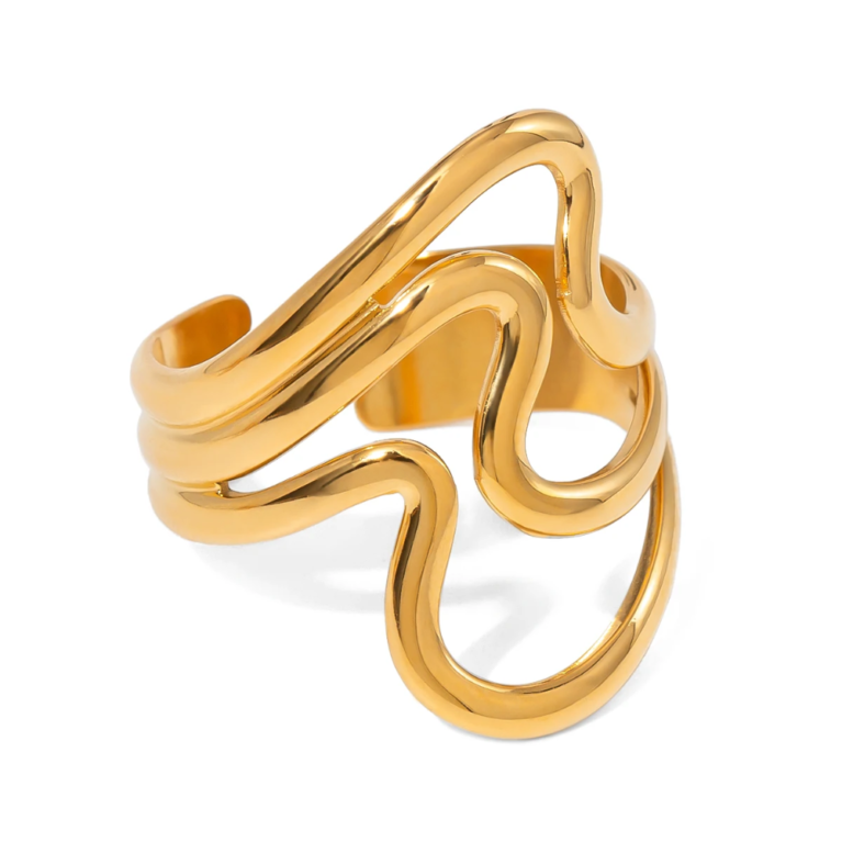 Wavy Irregular Open Ring – Shiny PVD Coated Stainless Steel Trendy Jewelry