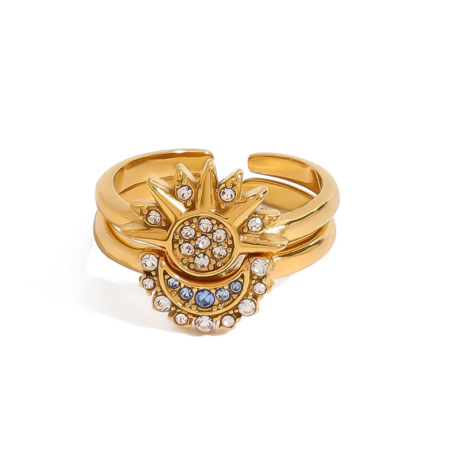 Sun & Moon Adjustable Ring – Stainless Steel Rhinestone Jewelry