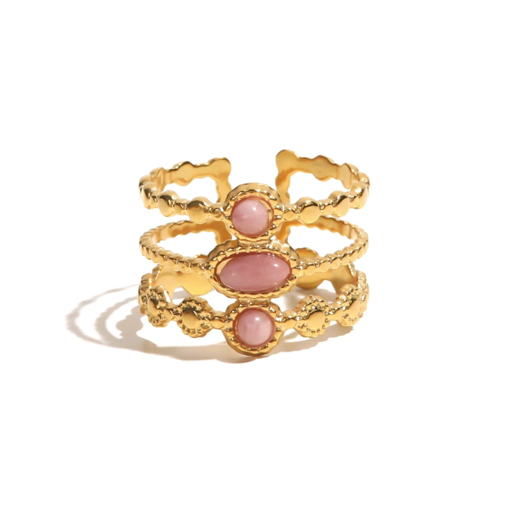 Red Natural Stone Geometric Ring – 18K Gold Plated Stainless Steel, Waterproof Women’s Jewelry