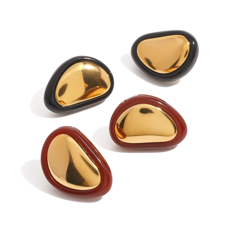 Vintage Black & Red Resin Stud Earrings – 18K Gold Plated Stainless Steel Women’s Jewelry
